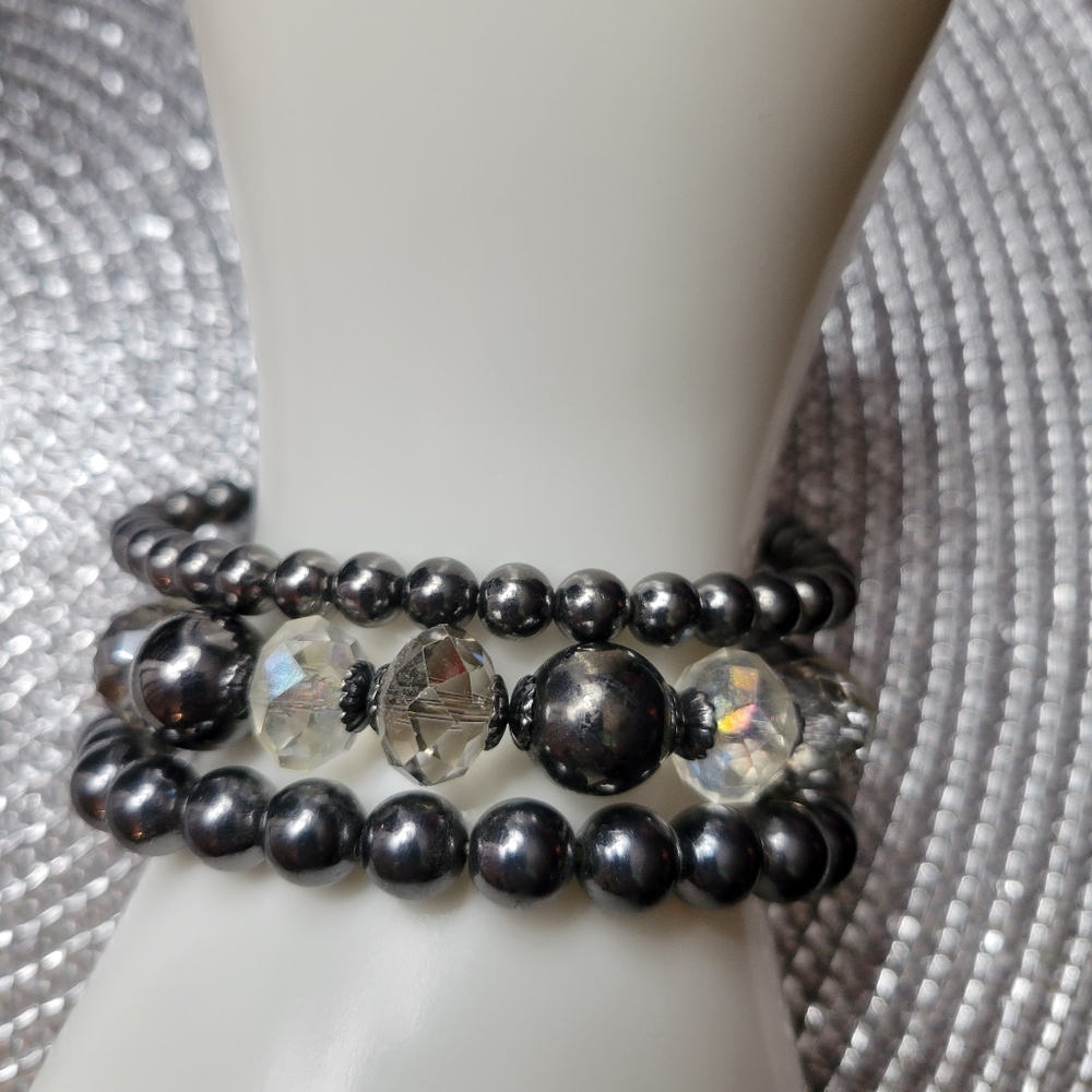 New Gray Pearl and Beaded Stretch Bracelets (3) - Fashion Jewelry
